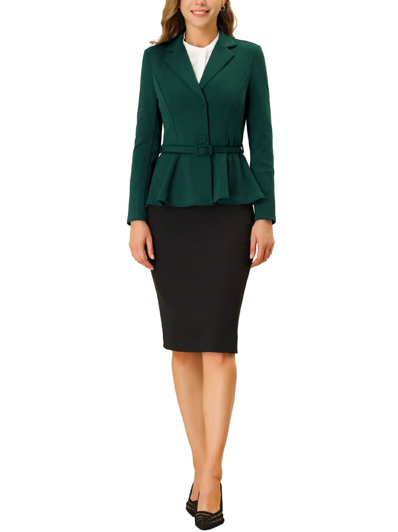 MODA NOVA Juniors Notched Lapel Long Sleeves Belted Work Office Peplum  Blazer Dark Green S - Walmart.com