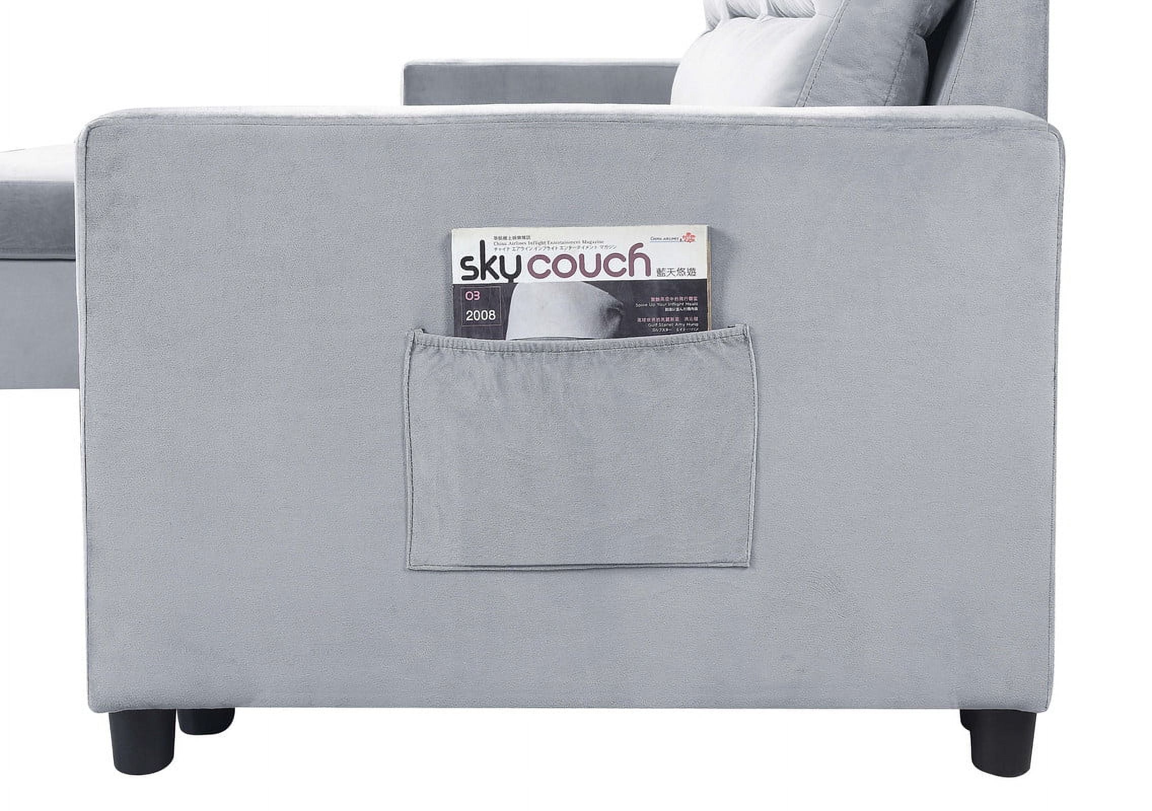 Howcool 82" Reversible Sleeper Sectional Sofa, L-Shaped Pull Out Couch with Storage Chaise & Side Pocket, Velvet Sofa Bed for Living Room, Light Gray
