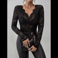 thumbnail image 4 of Blusa de Larga con Cuello Redondo y Encaje de con Bordado Floral para Mujer Negro XL, 4 of 9