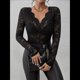 thumbnail image 4 of Blusa de Larga con Cuello Redondo y Encaje de con Bordado Floral para Mujer Negro S, 4 of 9
