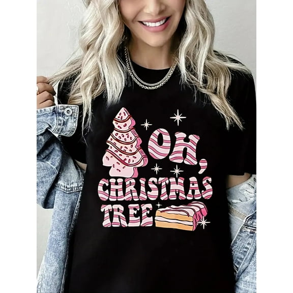 Woman Christmas Shirt Christmas Tree Graphic T-Shirt Pure Cotton Casual Short Sleeve Black Top