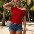 thumbnail image 4 of Nmnitkp Cropped Short Sleeve T-Shirts Women One Shoulder Asymmetrical Neck Short Sleeve T-Shirt, Solid Color Casual Summer Tops for Daily & Party Wear Wine,M, 4 of 6