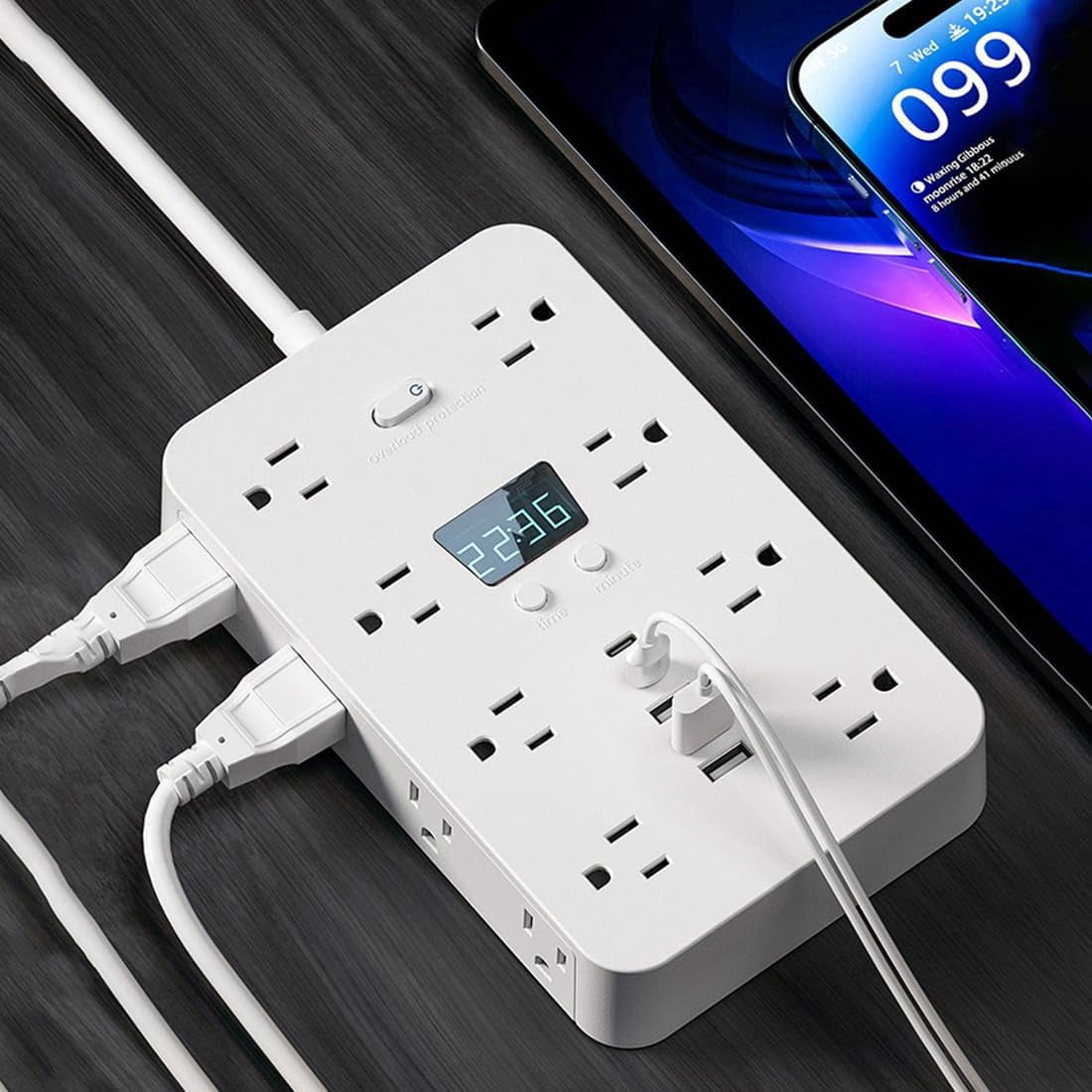 JOUALY 21-in-1 Power Strip with Digital Clock, Surge Protector with 16 Wide Spaced AC Outlets & 5 USB Ports(3A2C), Flat Plug 5FT Cord, FCC Certified USB Charging Station for Home Office Dorm, white
