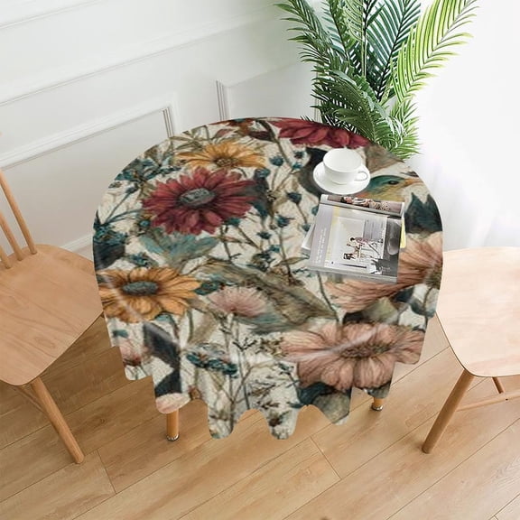 RKSupls 60 Inch Round Tablecloth, Birds Flower Vintage Premium Polyester Straight Edge Wrinkle Resistant Washable Table Cover for Party Home Dining Decor