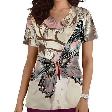 

Zeceouar Scrubs Tops For Women Designs Plus Size Scrub Shirts V-Neck Printing Short Sleeve Nursing Working Uniform Tops With Pocket