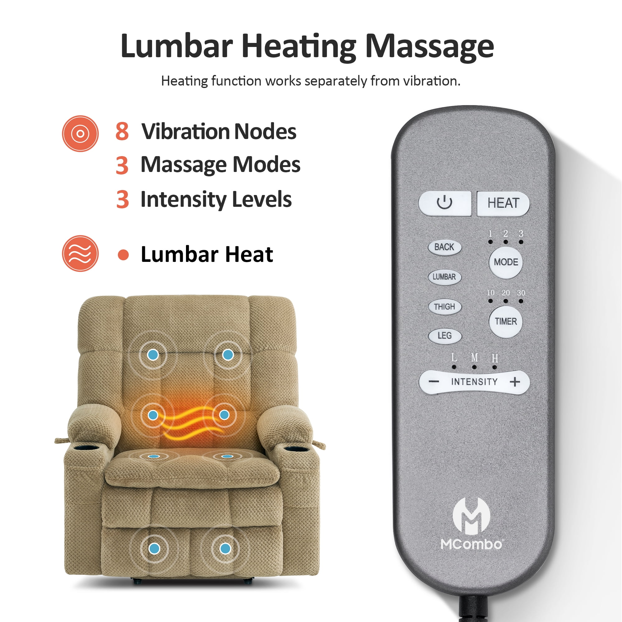 MCombo Oversized 27.2" Seat Width Dual Motor Power Recliner Lift Chair with Vibration and Heat for Height 5'3"-5'9", Infinite Position