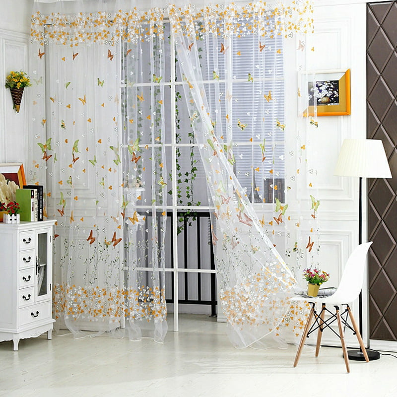 Floral Butterfly Sheers Curtains Voile Tulle Window Door Curtain Scarf Valance 