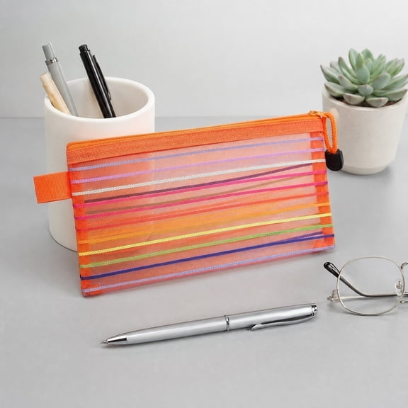 Dademeo High Density Mesh Pencil Case, Macaron Rainbow Stripe Zipper Pouch for Office Travel Makeup Brushes Cosmetic Storage