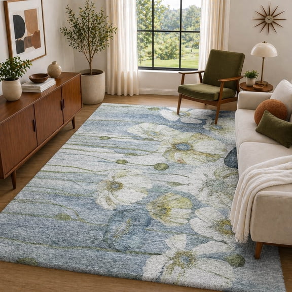 Addison Rugs Dream Shag Premium Machine Washable Transitional Floral Blue Rectangle Rug, 10' x 14'