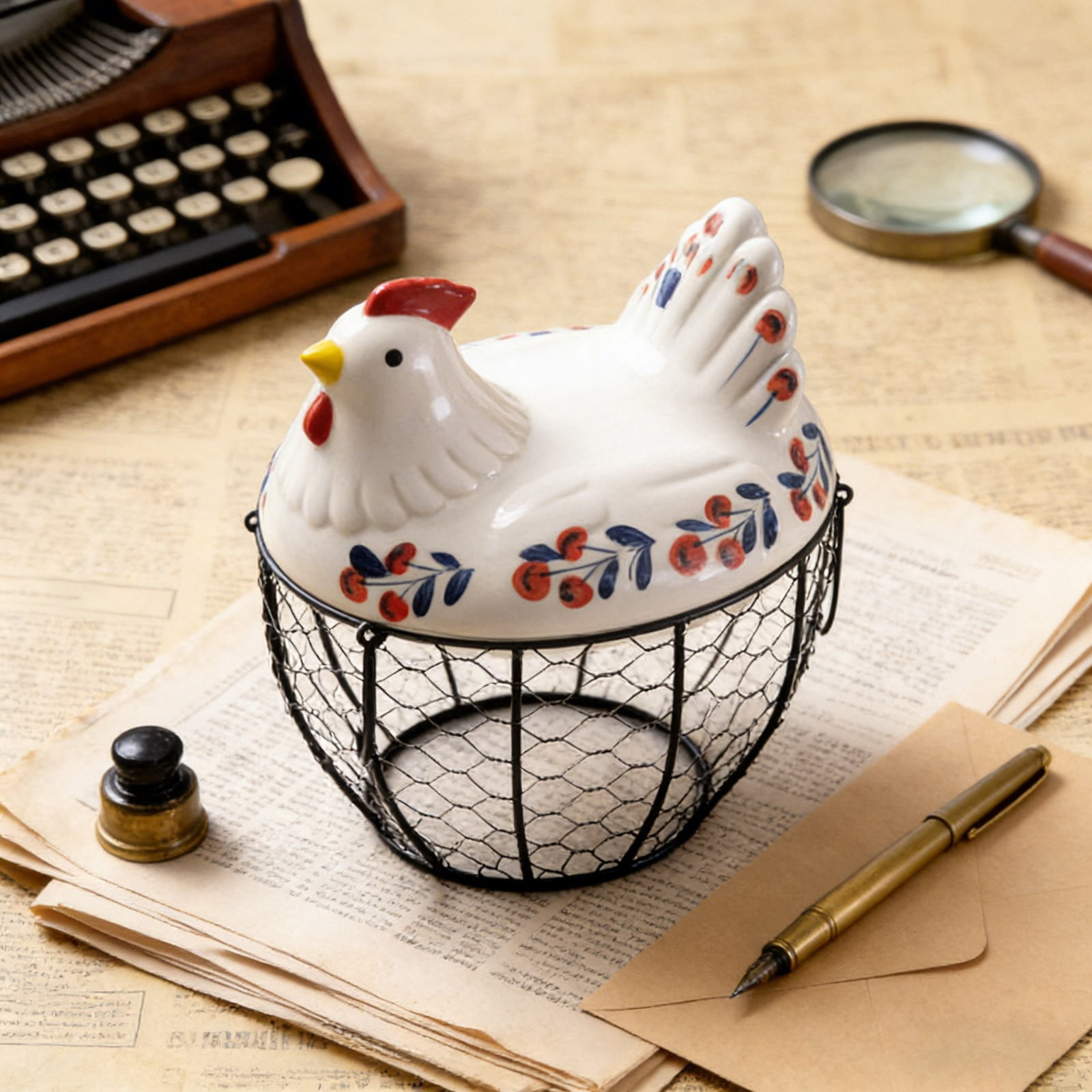 Farmhouse Egg Basket with Ceramic Lid, Black Wire Egg Holder for Fresh Eggs, Decorative Chicken Design Egg Storage Container, Kitchen Countertop Organizer Case for Eggs