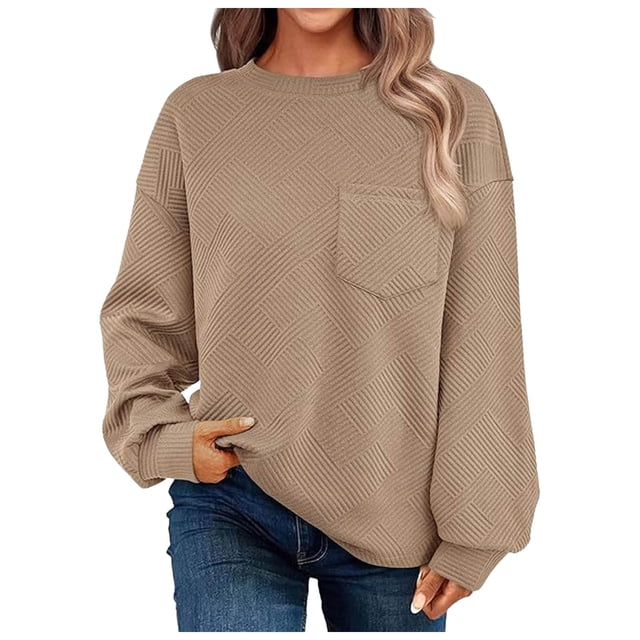 WEAIXIMIUNG Chandails en Molleton pour Femmes Pull Décontracté Couleur Unie Col Rond Manches Longues avec Poche