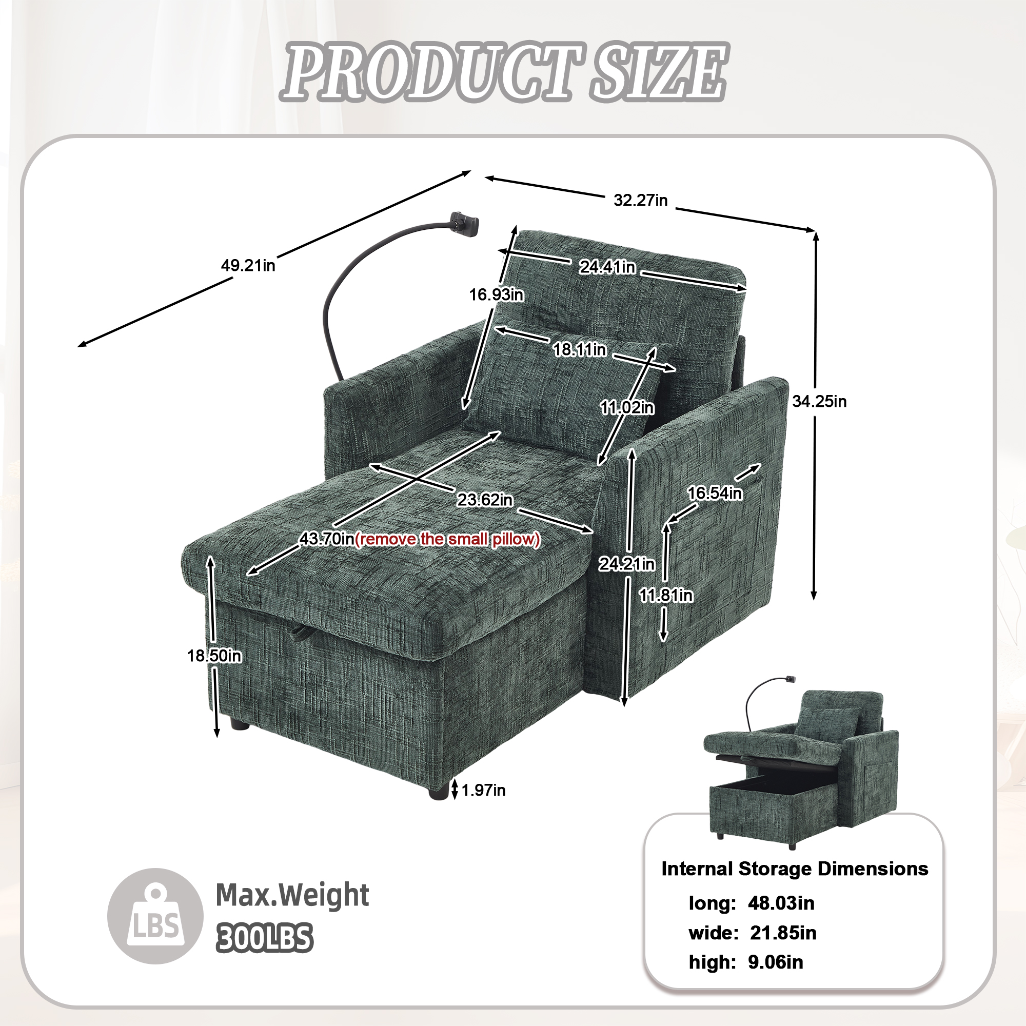MOONMISS Chenille Upholstered Storage Lazy Single Leisure Chair Sofa with Phone Holder&Side Pocket-Emerald