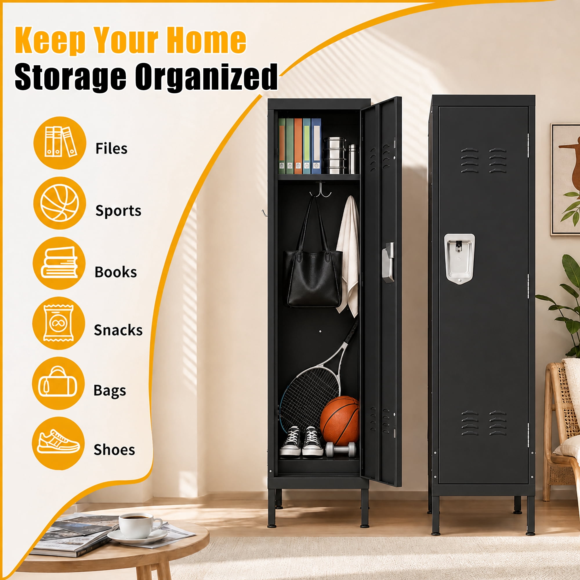 HOQBN 55" Tall Metal Wardrobe Cabinet,Waterproof Steel Clothing Storage Locker with Ventilated Door,Lock & Side Hooks,Vertical Bedroom Wardrobe for Small Apartment Home Office,Black