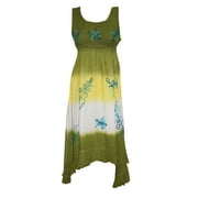 Mogul Womens Beach Dress Tie Dye Green Embroidered Bohemian Sundress