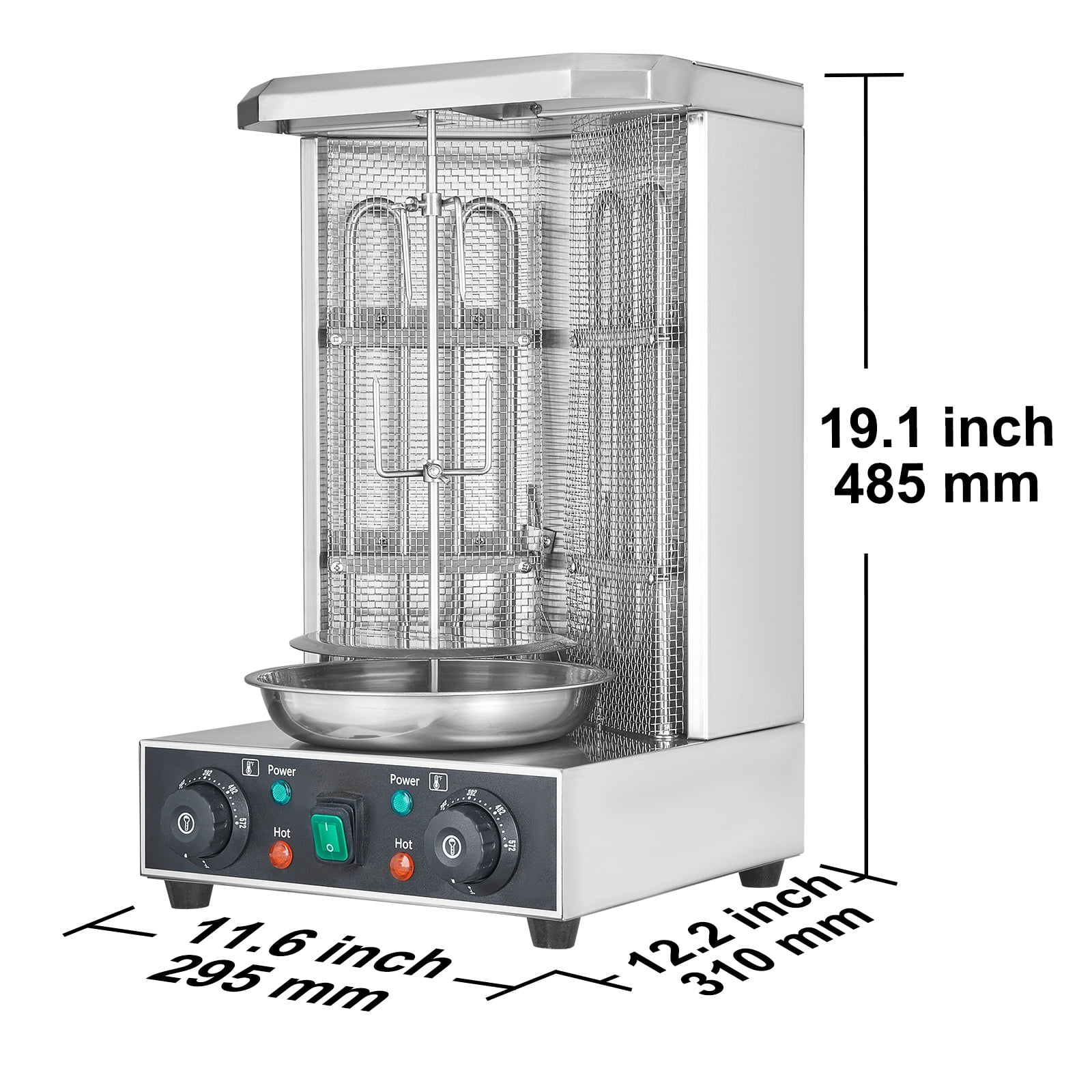 KFFKFF Gyro Rotisserie Oven, Can Hold 13lbs, Electric Vertical Broiler with 2 Heating Elements, 122℉-572℉ Chicken Shawarma Cooking Device, Doner Kebab Maker for Residential/Commercial Purposes