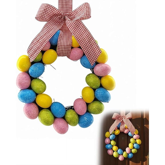 Colorful Easter Wreath for Front Door Spring Wreath with Eggs and Bow 12 Inch Vintage Easter Decor for Porch Wall Window Home Decor(x)