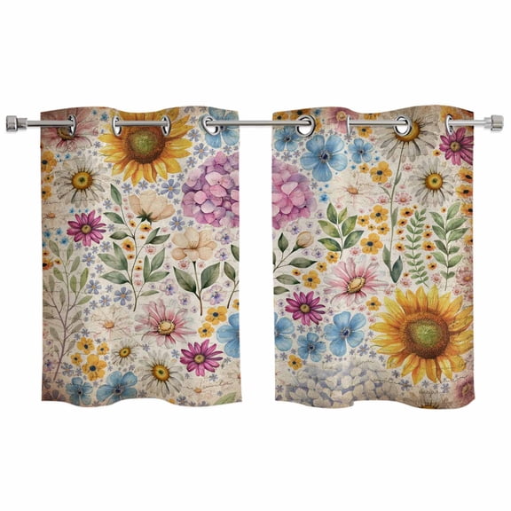 2 Panels Kitchen Tier Curtains 39 Inch Length, Sunflower Vintage Grommets Window Treatment Curtain, Yellow Floral Summer Botanical Retro Art Thermal Curtains Drapes for Living Room/Bathroom