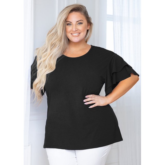 MODERN GOOSE Hauts Grande Taille pour Femmes Noir 2X Chandail Col Rond Manches Courtes Tunique Fluide Été Coupe Ample Vêtements