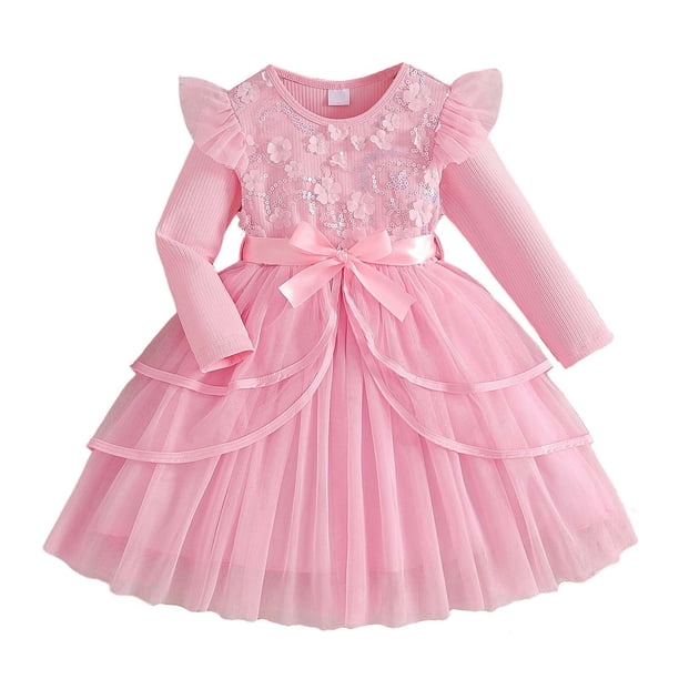 Arcos para Niñas Vestido de Malla de Manga Voladora con Cinturón Color Sólido Nudo de Arco Vestir Fiesta Casual Niños Vestido de Primavera