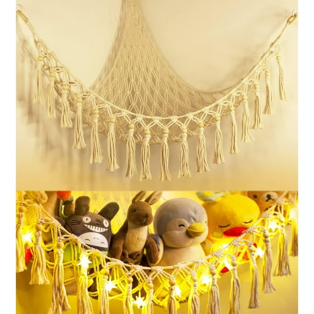 Hamaca de almacenamiento de juguetes de peluche con luz LED, macramé, organizador de esquina para habitación de muñecas, decoración de malla, redes de almacenamiento para colgar, dormitorio