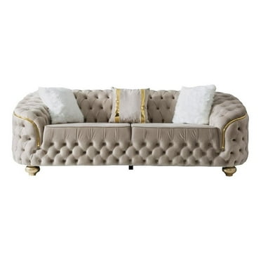 Beyan Signature Bursa 91" Velvet Upholstered Sofa in Cream/Gold
