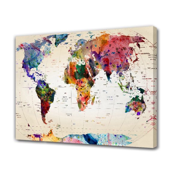 Watercolor World Map Canvas Poster Bedroom Decor Sports Landscape Office Room Decor Gift,Frame-style,12x18inch(30x45cm)