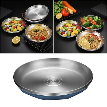 

1pc Stainless Steel Round Food Plate Thicken Heat Resistant Household Food Serving Plate (Blue + Silver Medium Size)