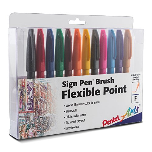 Pentel Sign Pen Brush Tip Set, 12-Colors