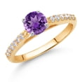 thumbnail image 2 of Gem Stone King 10K Yellow and White Gold Purple Amethyst and White Lab Grown Diamond Engagement Solitaire Ring (0.66 Cttw, Round 5MM, Gemstone February Birthstone, Available in Size 5, 6, 7, 8, 9), 2 of 4