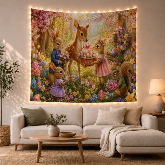 Spring Forest Animal Celebration with Deer and Rabbits, Whimsical Cottagecore for Nature Lovers, Animal Wall Art, Housewarming Gift Tapestry Wall Hanging for Living Room, Bedroom and Dorm