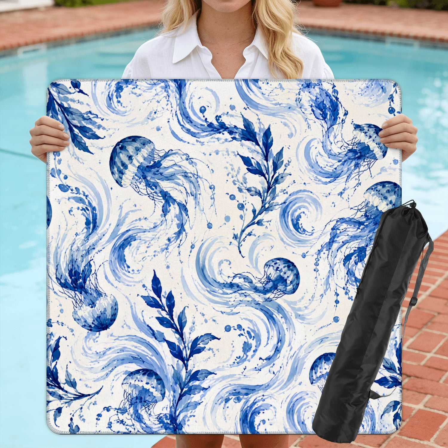 Mahjong Mat 31.5" x 31.5" Blue Watercolor Fish Flowing Fins Swirling Waves Non-Slip Noise Reduction American Mahjong Tiles Table Cover for Dominoes Poker Card Board Games Gift