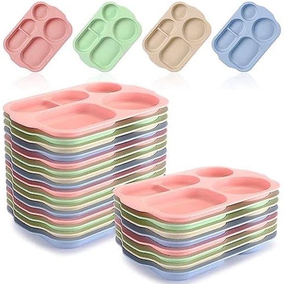 24 Pcs 11.8 Inches Wheat Straw Kids Divided Plates Unbreakable Plastic Separated Compartment Dinner Plates Colorful Serving Lunch Tray Section Plates for Children Toddler Adult