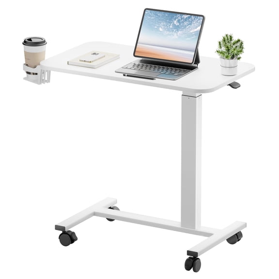 White-Lockable Adjustable Height Mobile Standing Desk With Hidden Wheels For Home Office Computer Workstation