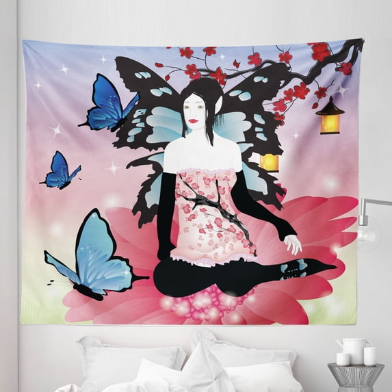 Gerber Daisy Tapestry, Girl with Wings on a Gerbera Blossom Butterflies in an Enchanted Garden, Fabric Wall Hanging Decor for Bedroom Living Room Dorm, 5 Sizes, Multicolor, by Ambesonne