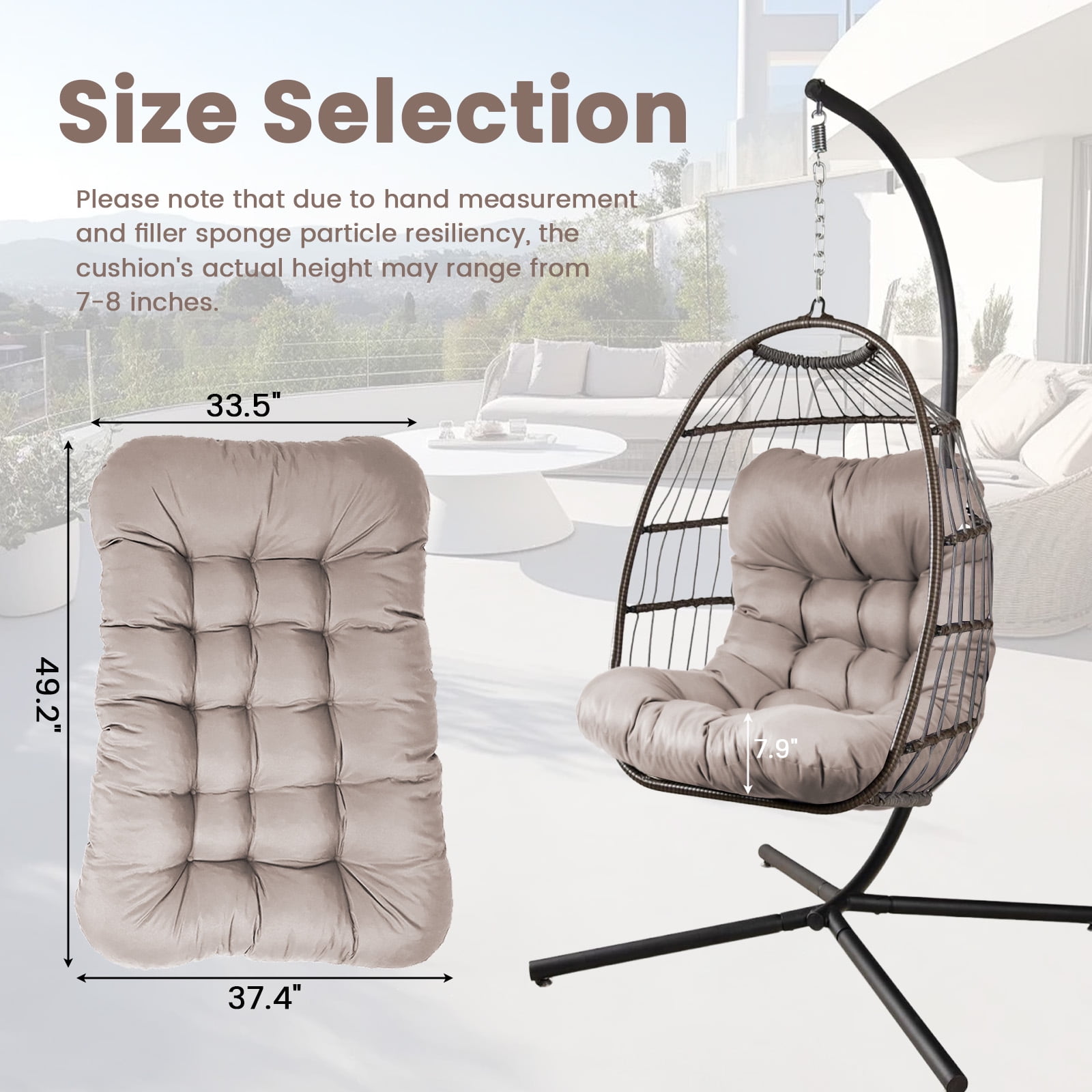 Egg Chair Cushion Replacement, Waterproof Hanging Basket Seat Cushion, U-Shape Swing Chair Cuhsion 37x49 Inches for Indoor Outdoor Patio Porch Furniture (Only Cushion)