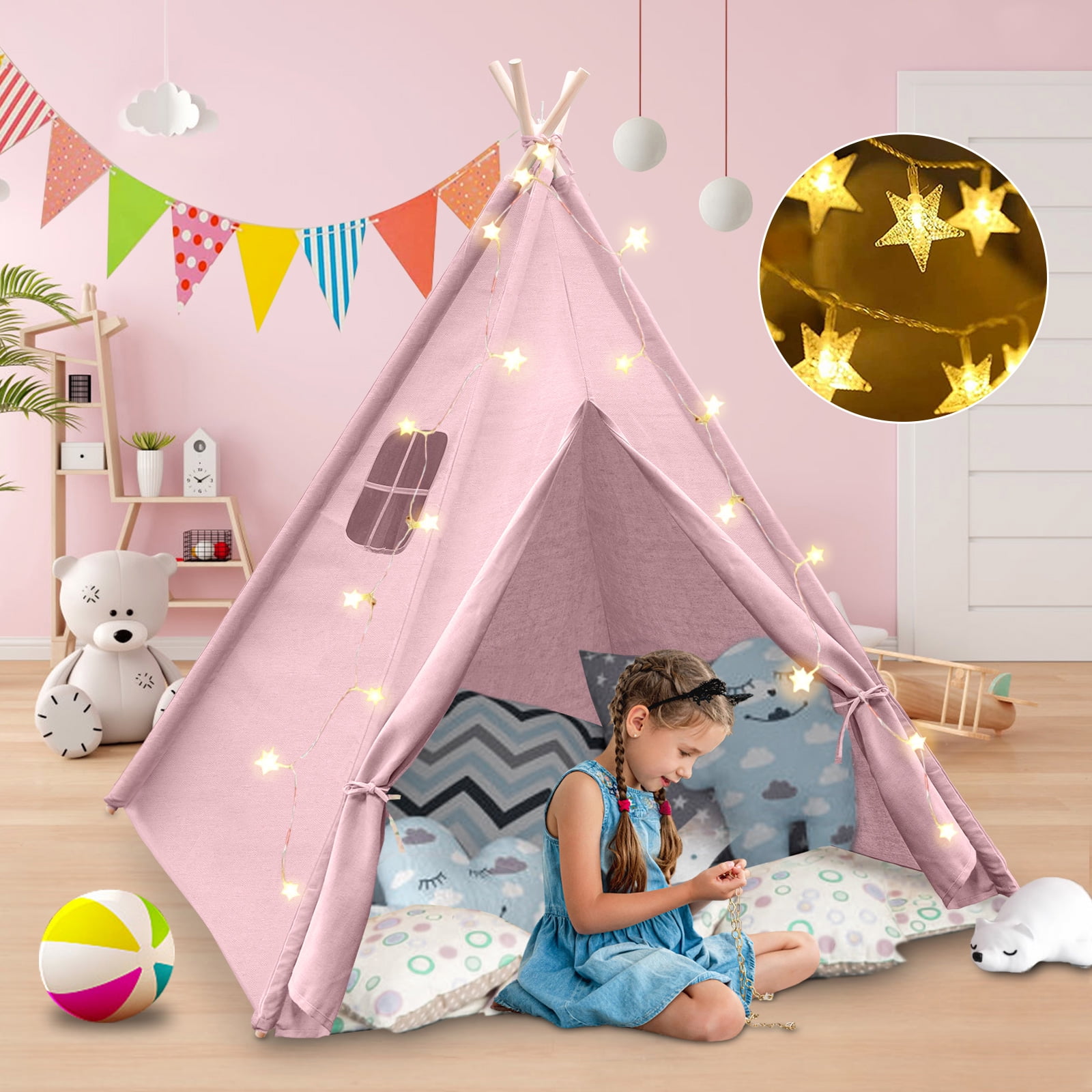 Wisairt Kids Tent, Kids Play Tent with Star Lights and Bunting, Washable Foldable Teepee Tent, Outdoor Indoor DIY Toddler Tent for Girls Boys  (Pink)