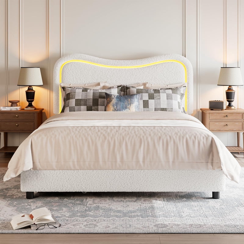 Kicctian Queen size Boucle Bed Frame with LED Headboard & 2 Storage Drawers - Upholstered Platform, Solid Wood Slats,White