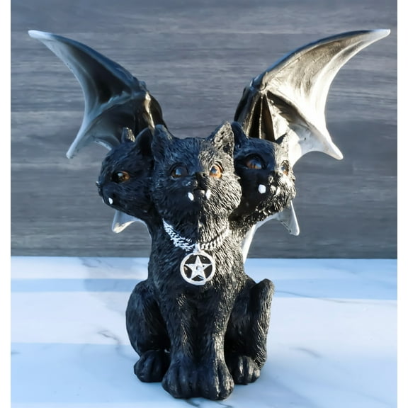 Wicca Three Headed Hydra Black Cat With Wings And Pentagram Necklace Figurine