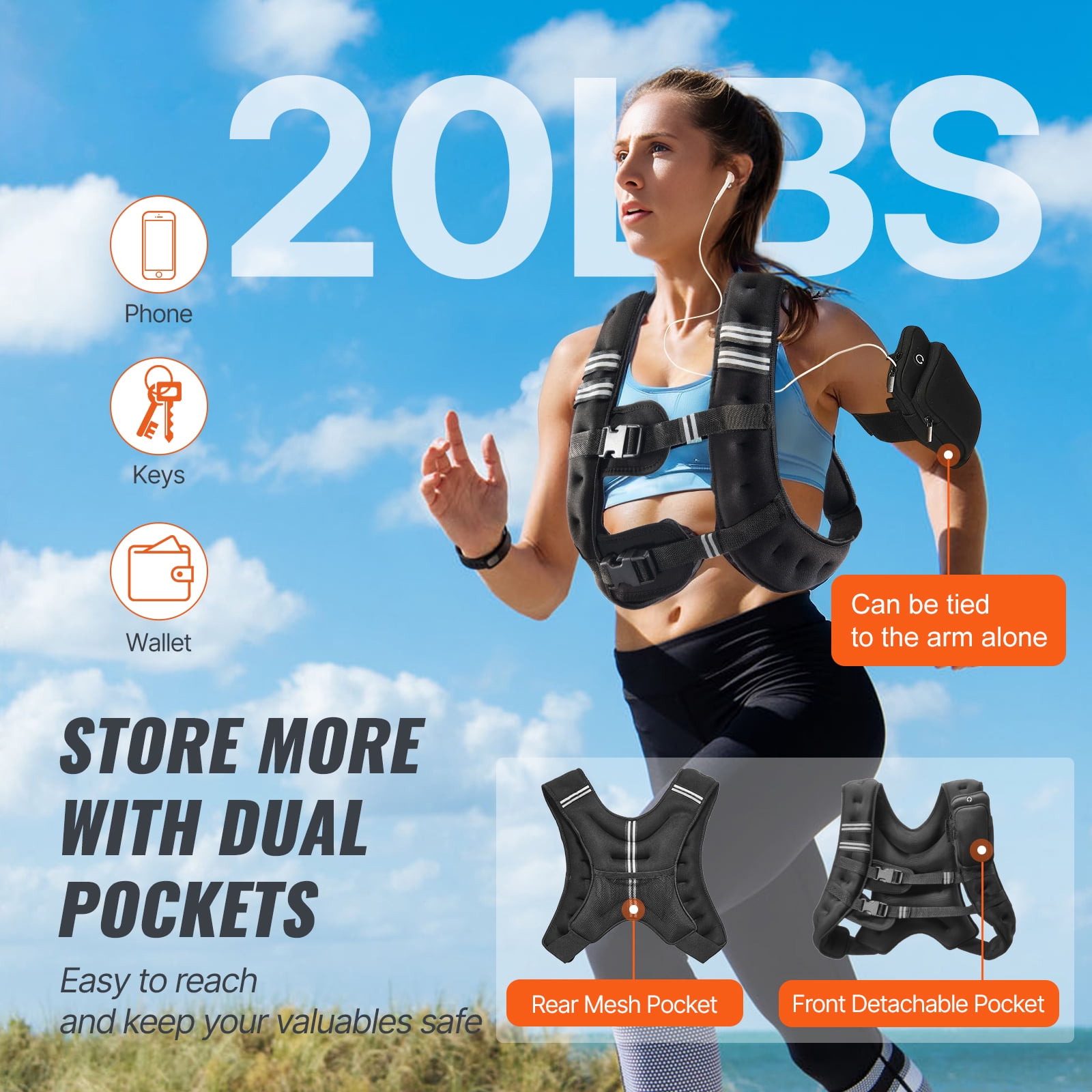 KFFKFF Weight Vest, 20 lbs, with Visibility Stripe, Adjustable Strap Fitness Vest for All Genders, Ideal for Exercise, Running, Fitness, and Shedding Weight