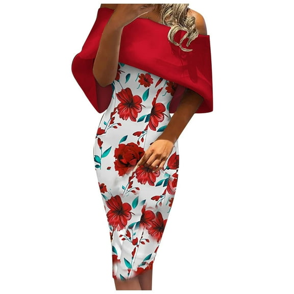 IROINNID Sleeveless Off-The-Shoulder Dress For Women Fashion Off Shoulder Flower Zipper Prom Knee-Length Dress Prints Ankle-Length Sheath Dress