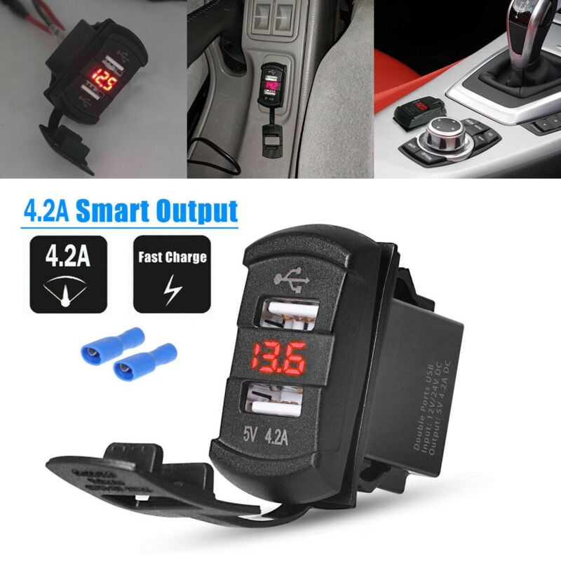 Blue E-Bro 12V Dual Port USB Charger Socket Voltage Voltmeter Rocker Switch Panel Car Boat
