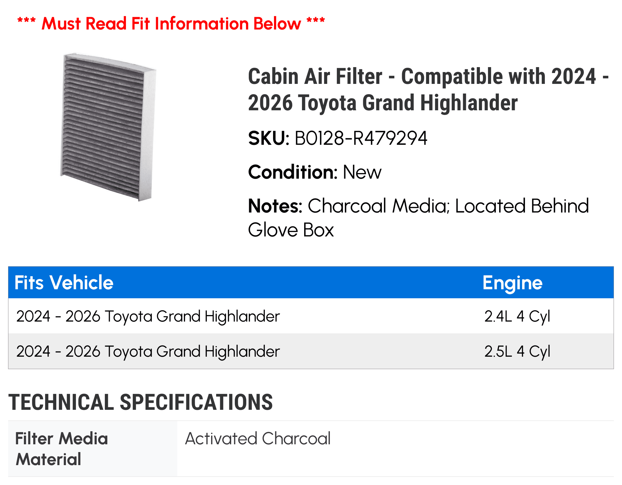 Cabin Air Filter - Compatible with 2024 - 2026 Toyota Grand Highlander 2025