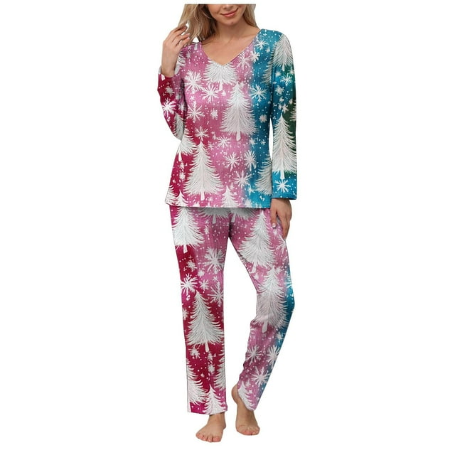 YOIAVAIOY Ensemble de Pyjama pour Femmes à Imprimé de Noël, Blocs de Couleur, Ensembles de Pyjama Graphiques de Noël, 2 Pcs, T-Shirts à Col Rond et Pantalons à Jambe Grand, Tenue de Nuit Décontractée Assortie, Violet G