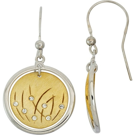 Giuliano Mameli Crystal Accent 14kt Gold-Plated Sterling Silver Matte-Finished Grass Pattern White Polished Frame Round Drop Earrings