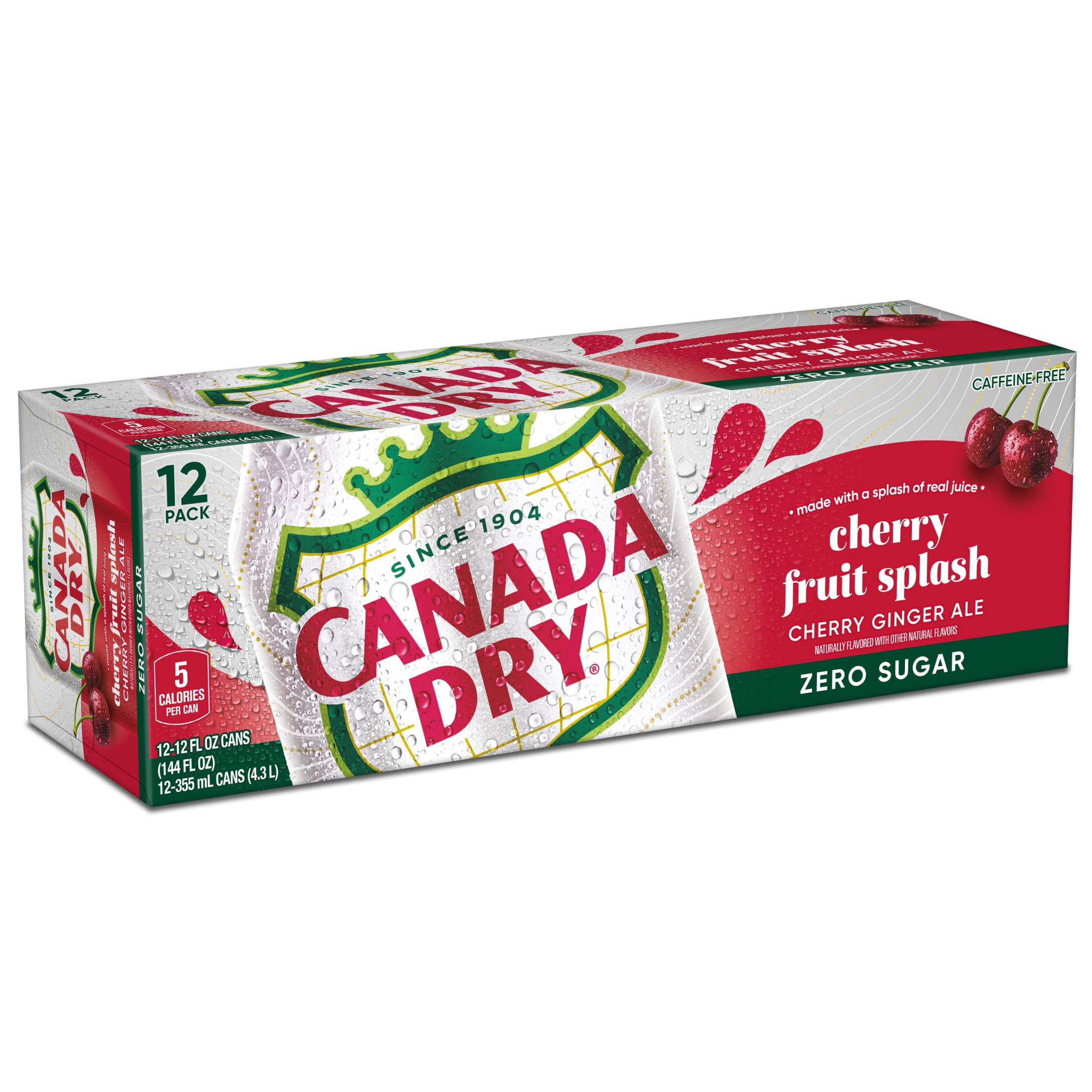 (4 pack) Canada Dry Caffeine Free Zero Sugar Fruit Splash Cherry Ginger Ale Soda Pop, 12 fl oz, 12 Pack Cans