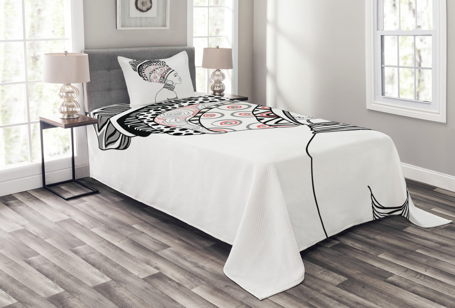 African Bedspread Set Twin Size, Exotic Safari Lady in Boho Turban