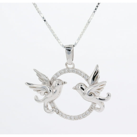 Jewelry Trends Sterling Silver Love Birds Dove Round Pave CZ Pendant with 18" Chain Necklace