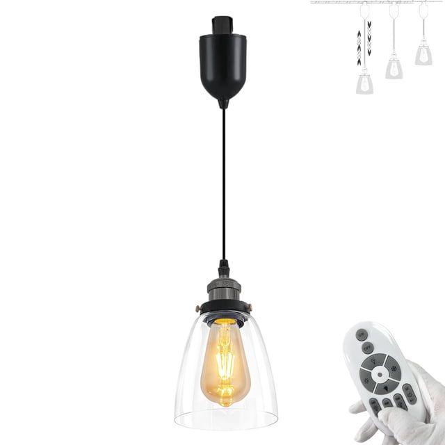 FSLiving Suspension à Rail de Type J avec Télécommande à Hauteur Réglable, Douille E26 Noir Perle avec Abat-Jour Conique en Verre Clair, Minuterie à Intensité Réglable 2200K-6500K pour Décorer une Lampe Industrielle pour Table à Manger - 1 Lumière
