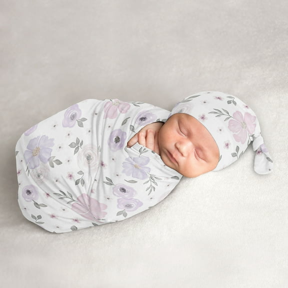 Watercolor Floral Lavender Purple and Grey Cocoon and Beanie Hat Sleep Sack Set by Sweet Jojo Designs
