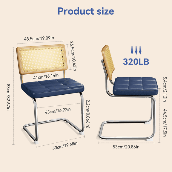 Set of 2 Natural Rattan Dining Chairs, Blue Faux Leather Upholstered Seat, Solid Wood Back, Mid-Century Modern Kitchen & Living Room Furniture, Comfortable & Stylish